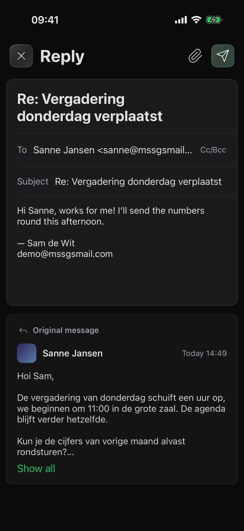 A reply in the iPhone app, with the original message below it