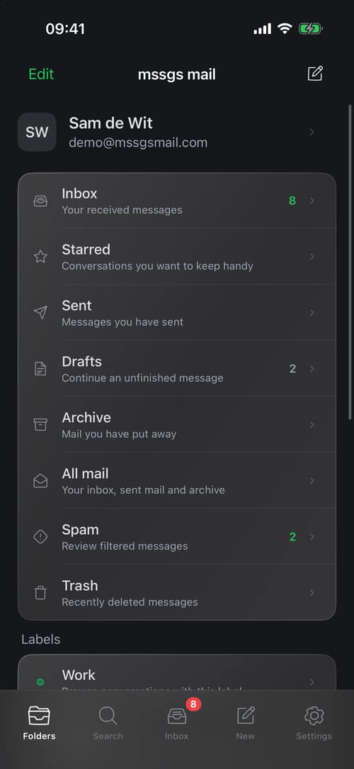 Folders and labels with their counts in the iPhone app