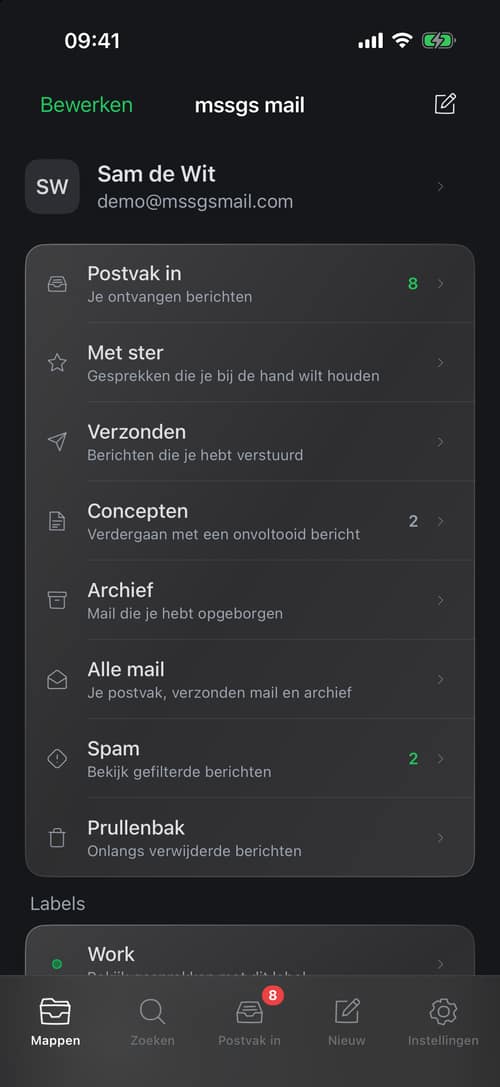 Mappen en labels met hun aantallen in de iPhone-app