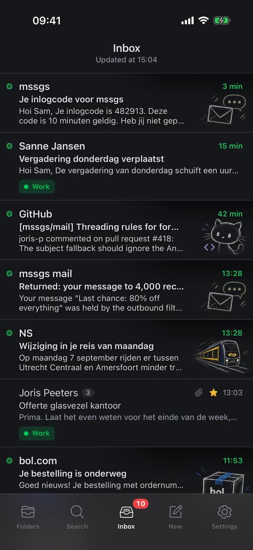 The inbox in the iPhone app