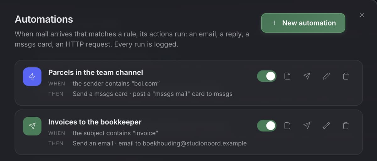 Two automations: parcels to the team channel, invoices to the bookkeeper