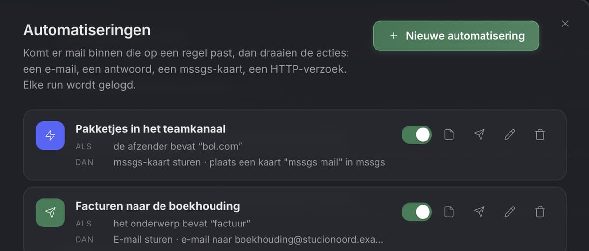 Twee automatiseringen: pakketjes naar het teamkanaal, facturen naar de boekhouding
