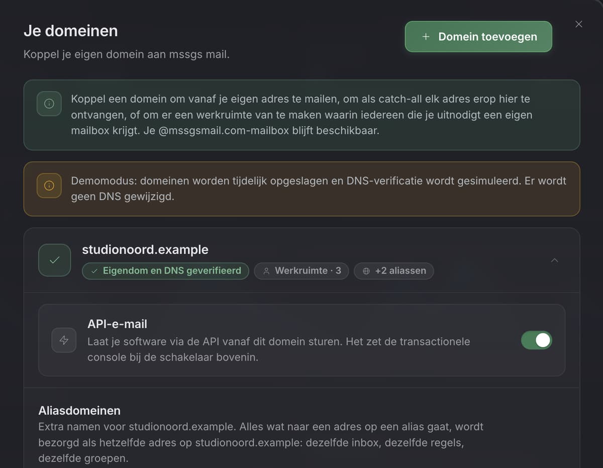 Je domeinen: een geverifieerd domein met API-e-mail, een werkruimte en aliasdomeinen