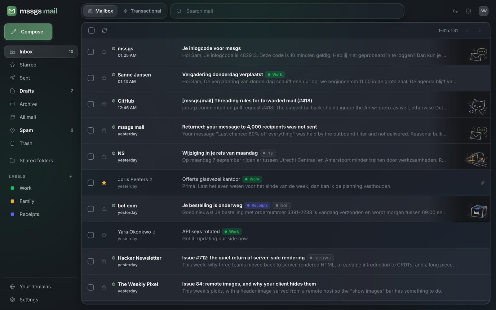 The mssgs mail inbox in a browser: every conversation with the sender, the date and the subject
